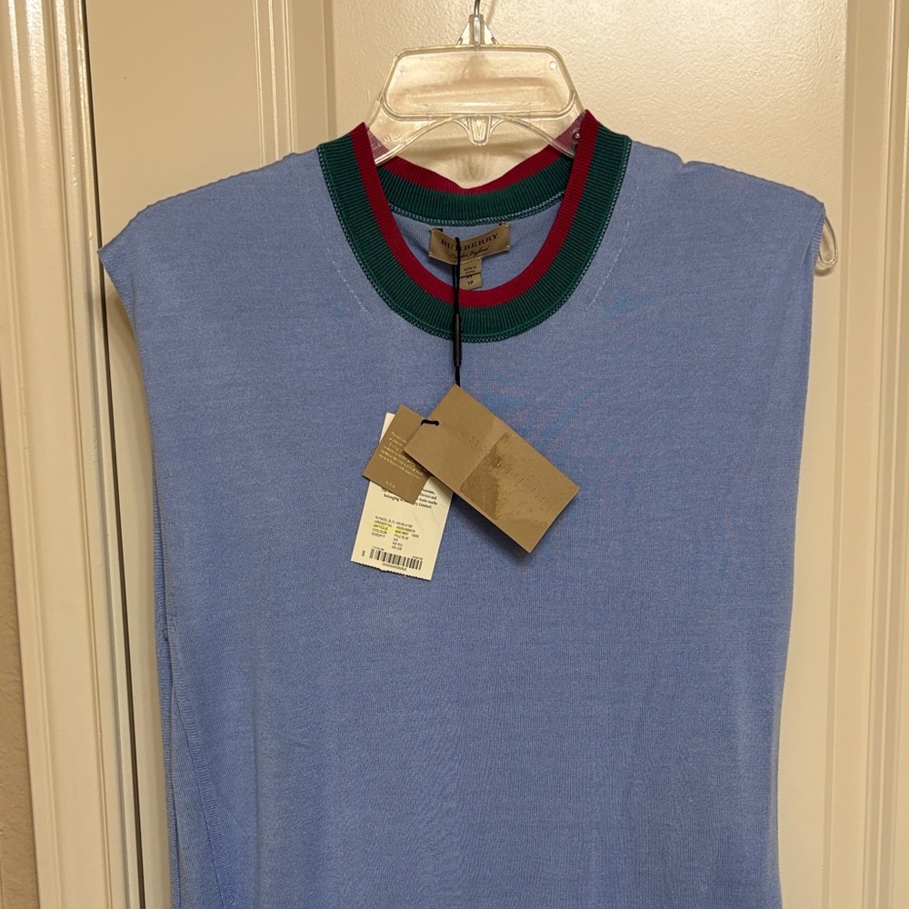 Burberry Blue Sleeveless Tunic with Red and Green Trim